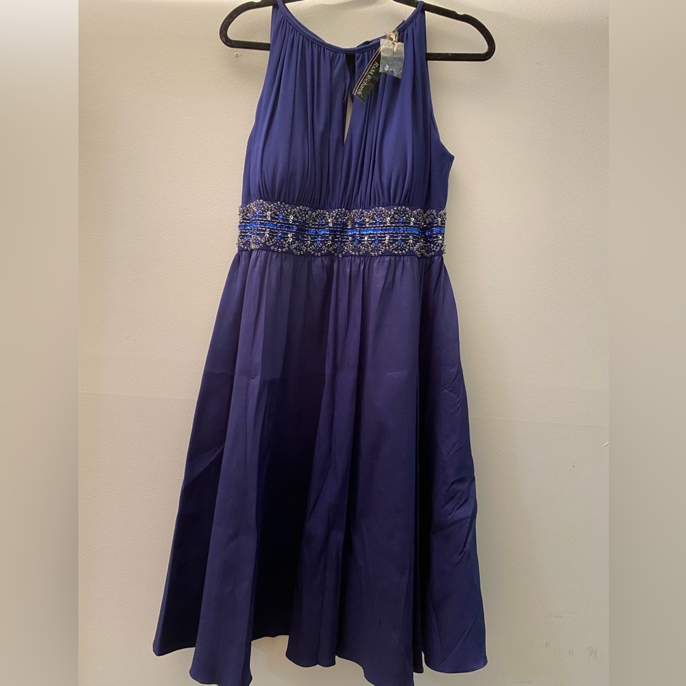 NWT R&M Richard’s Navy Tafeta & Stretch dress with sequins details under burst